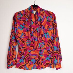 Stylish and Elegant Vintage Graphic Surplice-Draped Blouse, Size M